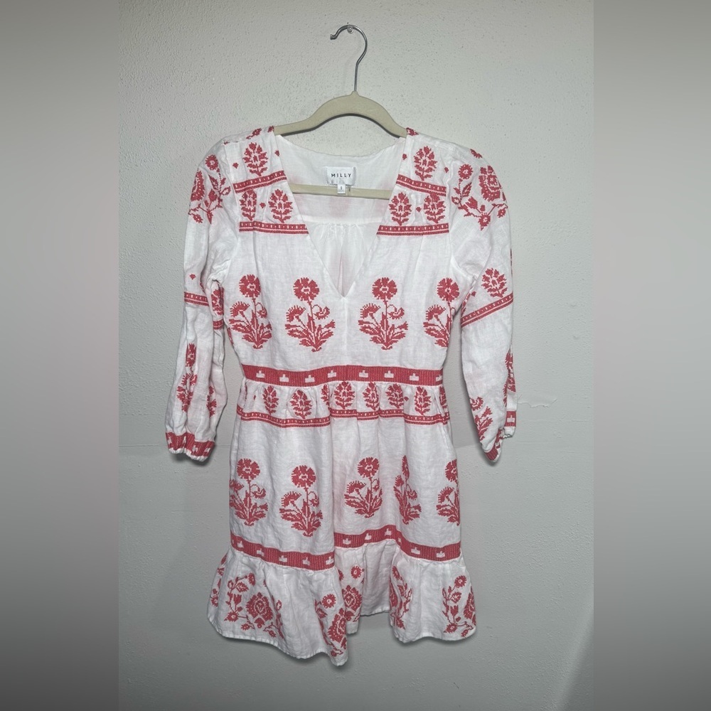 Milly Debbie Cross Stitch Embroidery Floral Linen Mini  Dress Size 0 - Picture 3 of 8